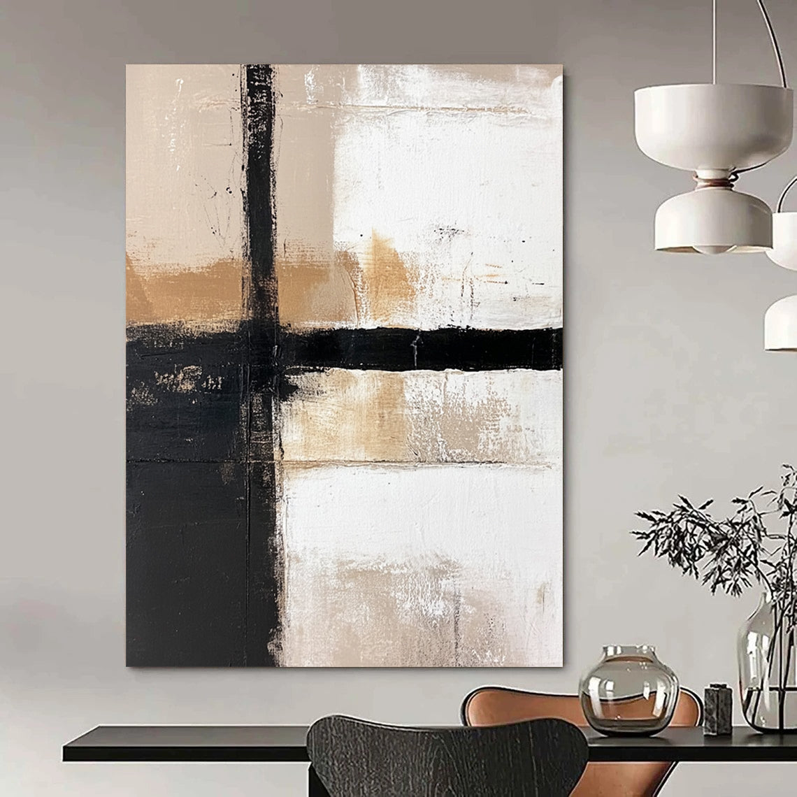 Contemporary hand-painted abstract artwork featuring a white background, bold black lines, and striking brown and beige color blocks. DLZ1650