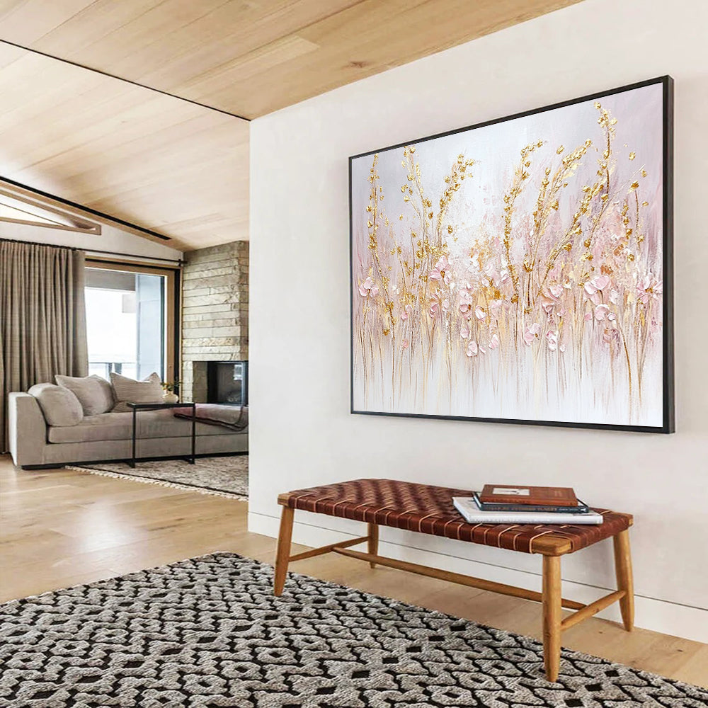 “Elegant Blush & Gold Meadows” - Pink, Gold, White, Delicate Wildflower Fields Painting On Canvas HB1017
