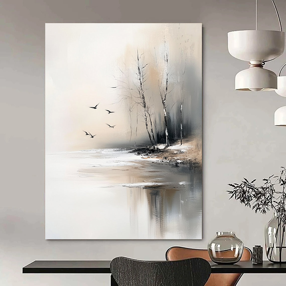 Large contemporary abstract painting featuring serene trees by an ice-covered lake with flying birds in soft gray and beige tones. DLZ0411
