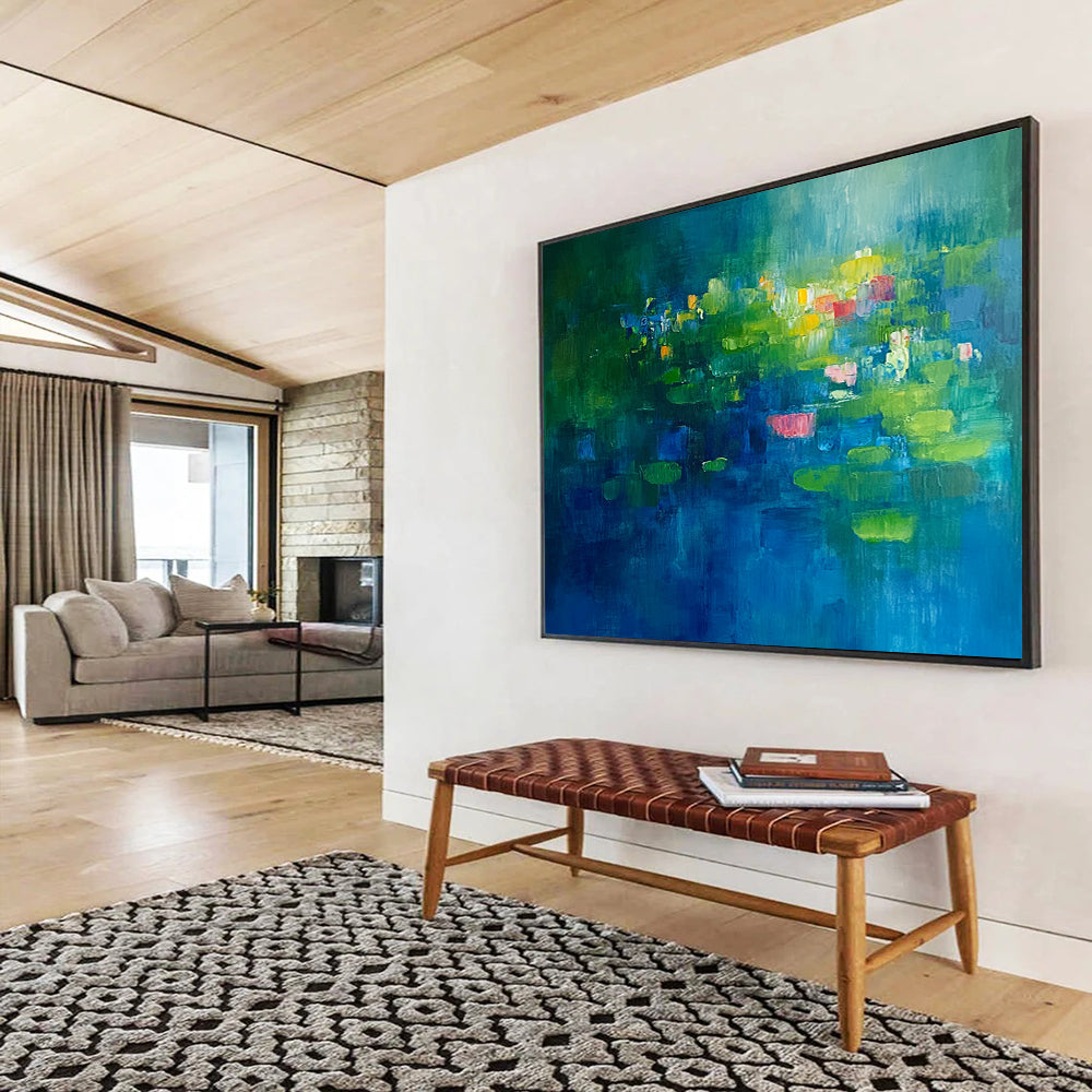 “Lily Pond Dreams” - Rich greens, blues, pops of pink, yellow; Abstracted water lilies, pond; Impressionistic Floral Painting On Canvas HB1149