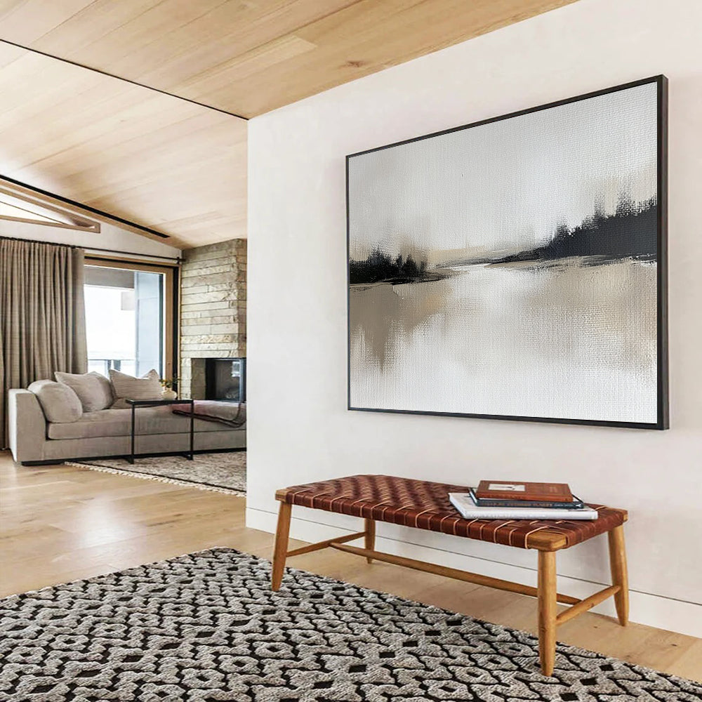 “Misty River in Monochrome” - Soft gray, deep black, beige, Minimalist Landscape Painting On Canvas HB0612