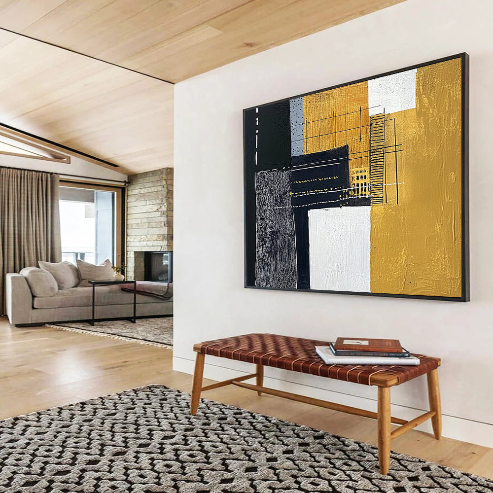 “Black Gold White Geometric Mix” - Black, gold, white, gray; Geometric abstract with mixed textures HB1292