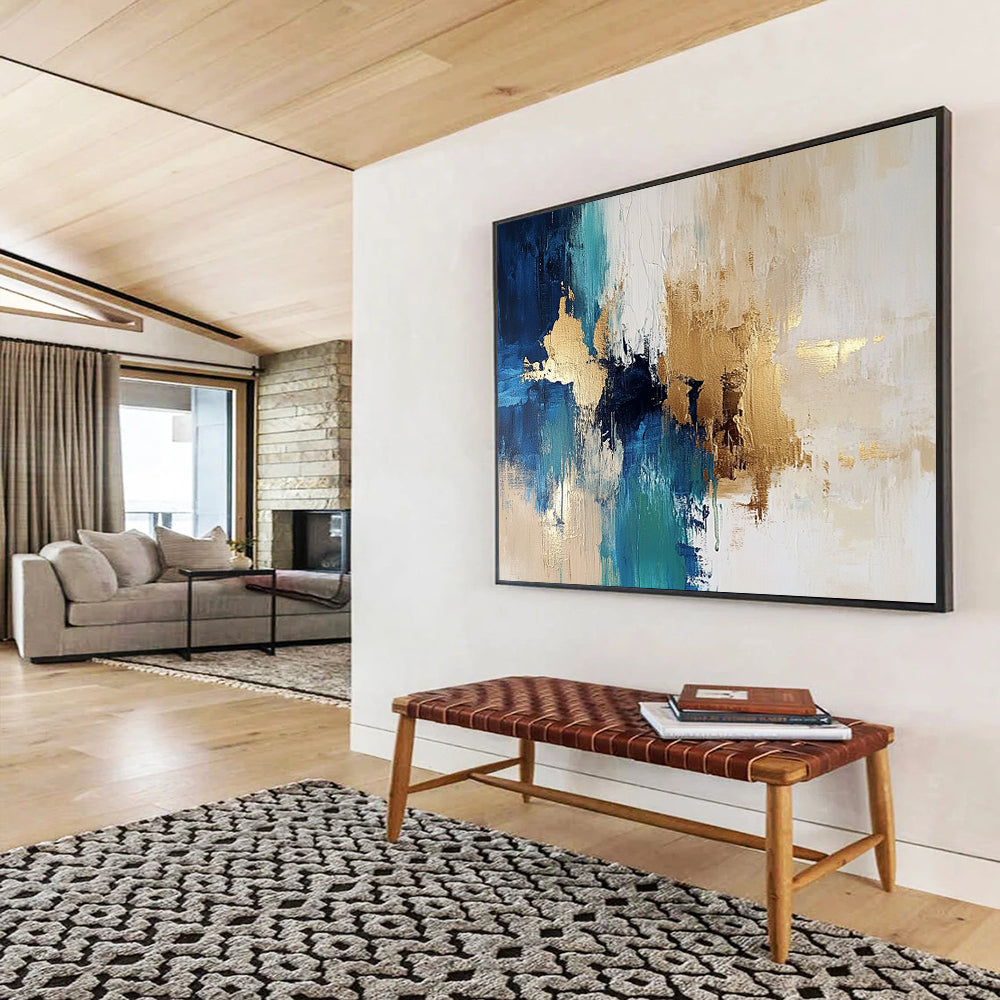 “Blue and Gold Abstract Fusion” - Blue, Gold, White, Abstract Color Fusion Painting On Canvas HB0968