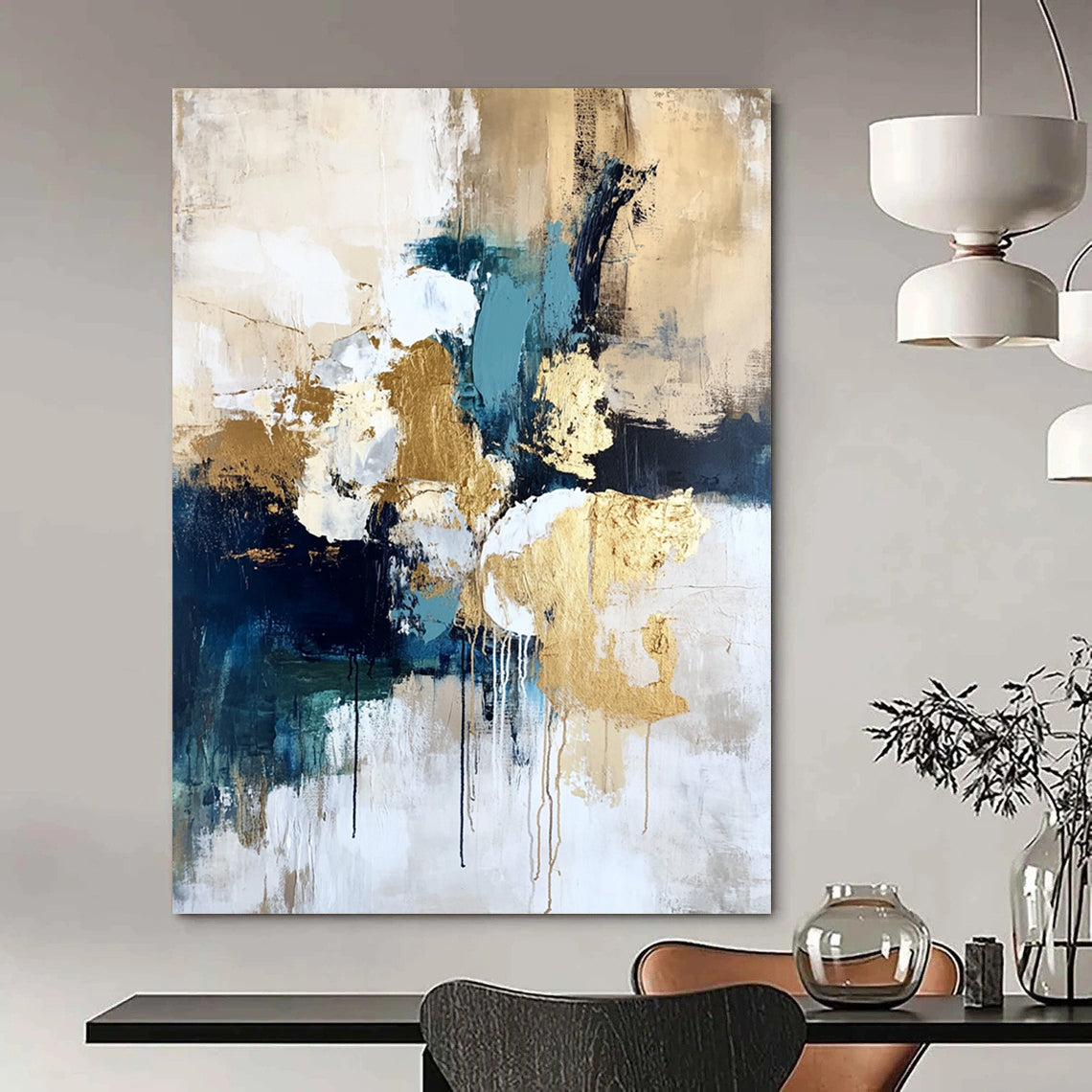 Contemporary hand-painted abstract art on textured canvas with gold foil highlights in cream white and blue creating a romantic atmosphere with vibrant earthy tones. DLZ1009