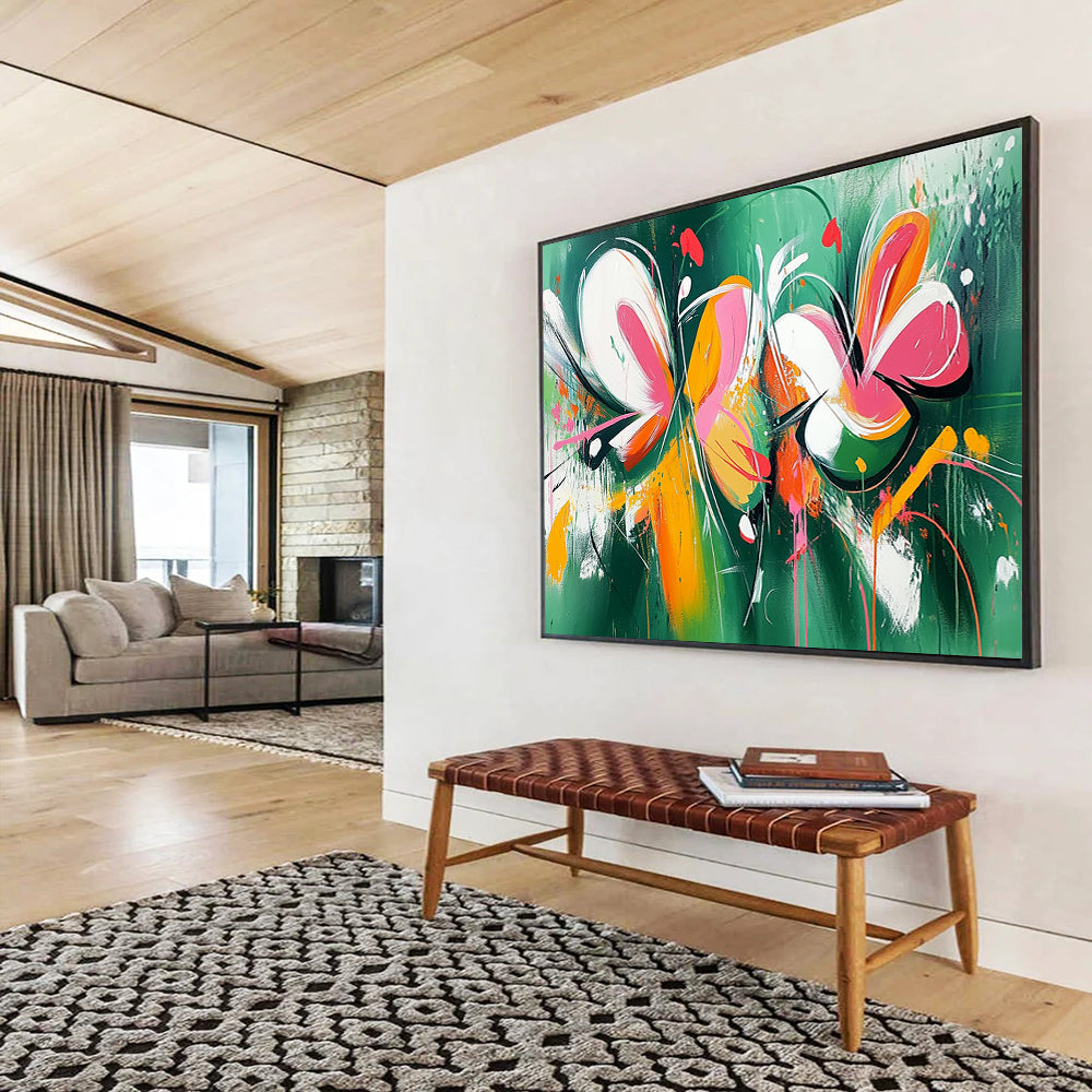 “Vibrant Floral Abstraction” - Green, Pink, Orange, Abstract Flowers Painting On Canvas HB0738