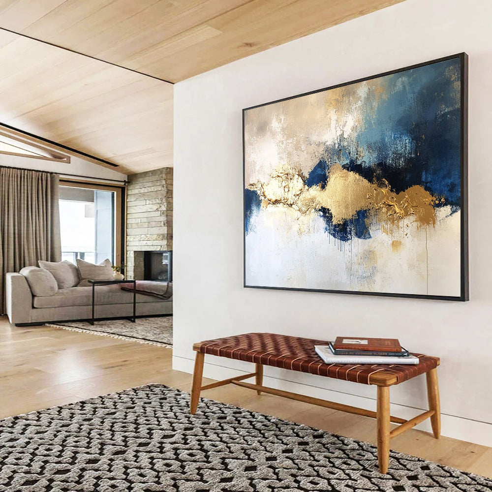“Textured Gold - Blue - Gray Clouds” - Gold, Blue, Gray, White, Cloud - Like Shapes Painting On Canvas HB0823