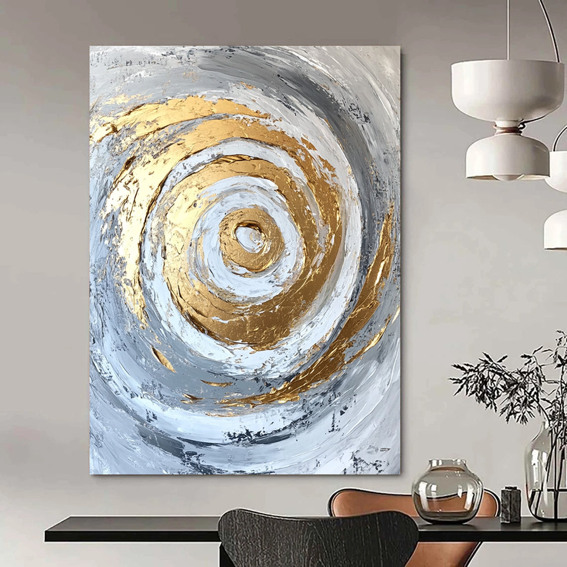Contemporary abstract artwork features gold accents on a textured white and grey background with bold brush strokes and palette knife techniques. DLZ0808