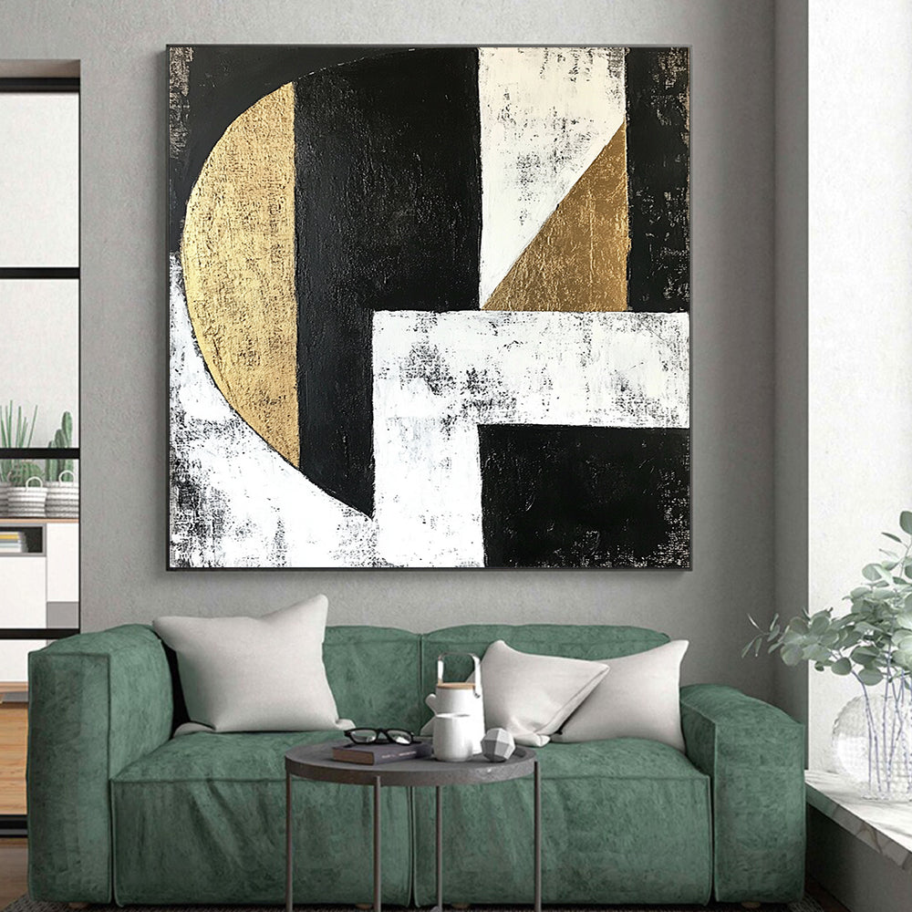 Black, White, Gray and Gold Geometric Abstraction "Subtle Harmony" Painting On Canvas HB378