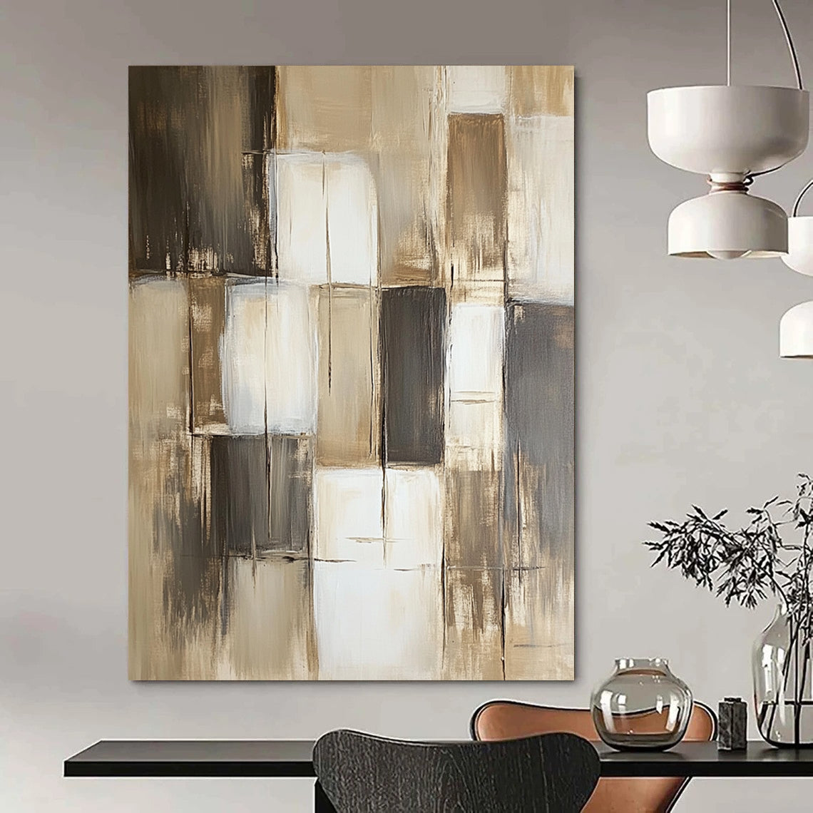 Contemporary hand-painted abstract art featuring neutral shades of beige gray and brown with varying paint block sizes and textures. DLZ0611