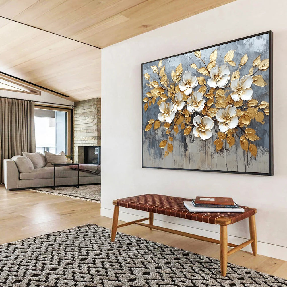 “Golden - Leafed White Flowers” - Gray background, gold leaves, white flowers, Textured Floral Painting On Canvas HB0586