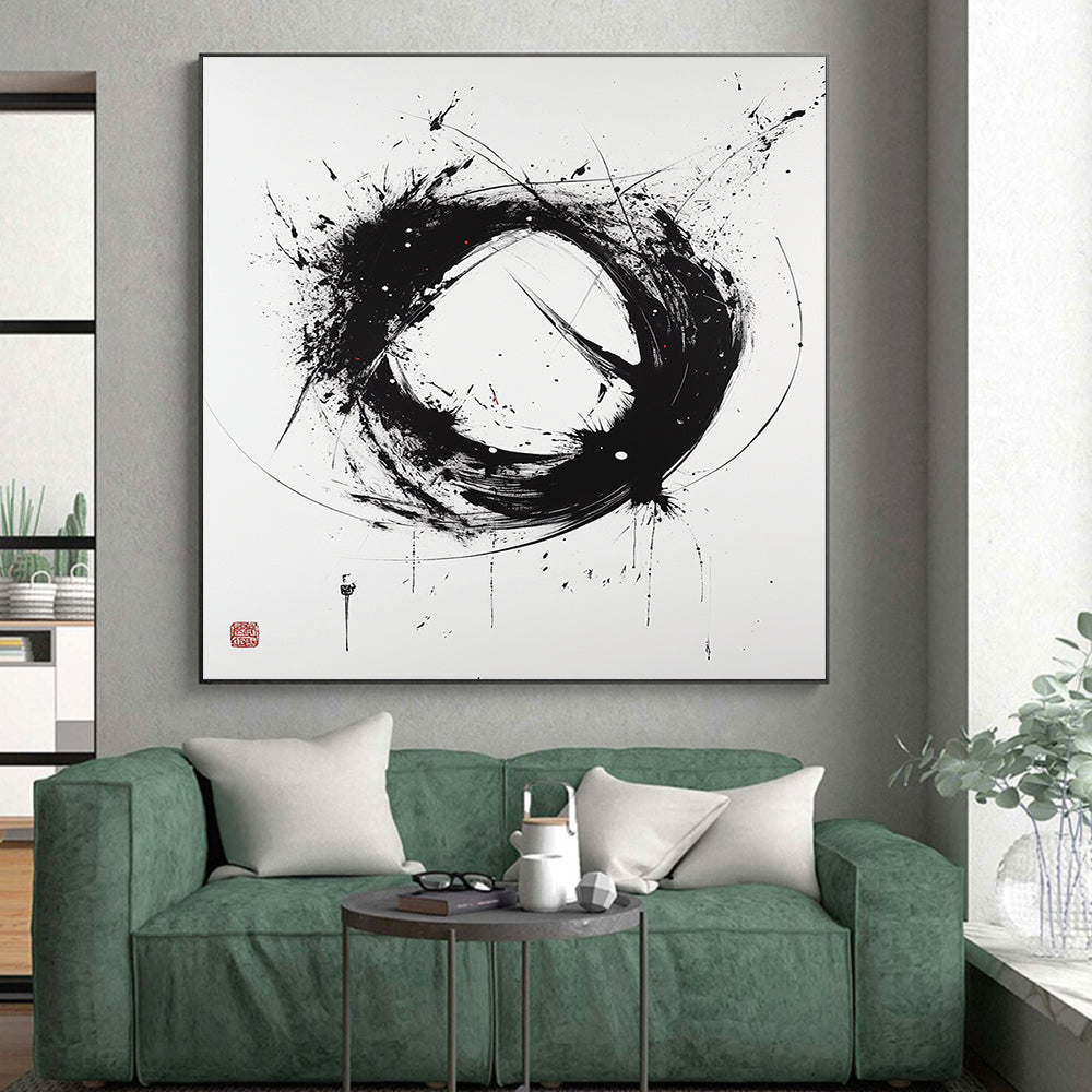 Black and White Dynamic Circle "Wild Enso" Painting On Canvas HB260