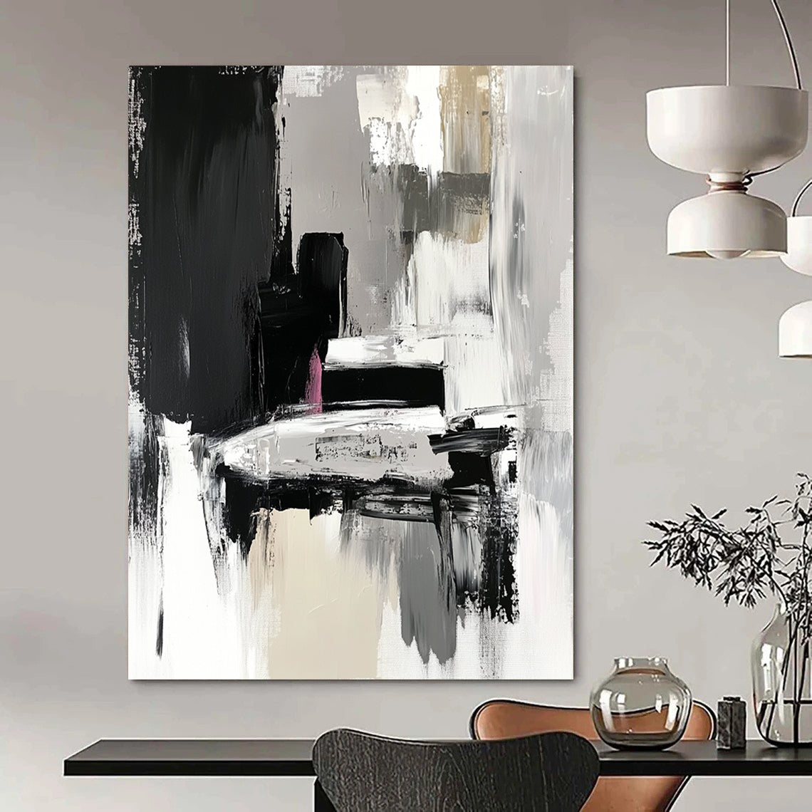 Contemporary hand-painted abstract artwork in black and grey features expressive brushstrokes with fluid shapes and textured surfaces depicting a car in an art gallery. DLZ0924