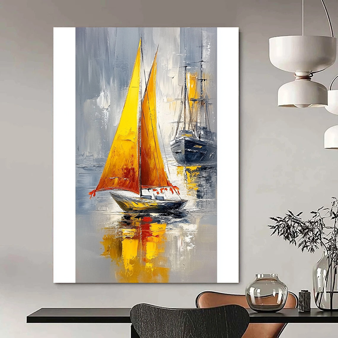 Contemporary hand-painted abstract art featuring a small boat with a yellow sail and orange tassels against a calm sea and gray sky. DLZ1700