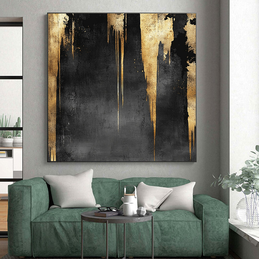 Black, Gray & Gold Dripping Panels - “Monochrome Gilded Falls” Painting On Canvas HB199