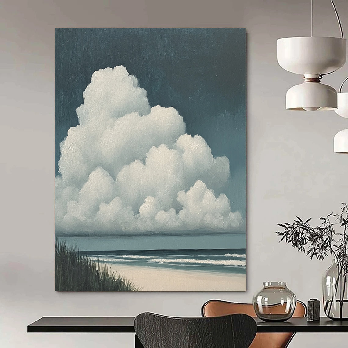 Contemporary hand-painted abstract art featuring clouds on the beach with large white clouds and a dark blue sky in muted colors. DLZ1679