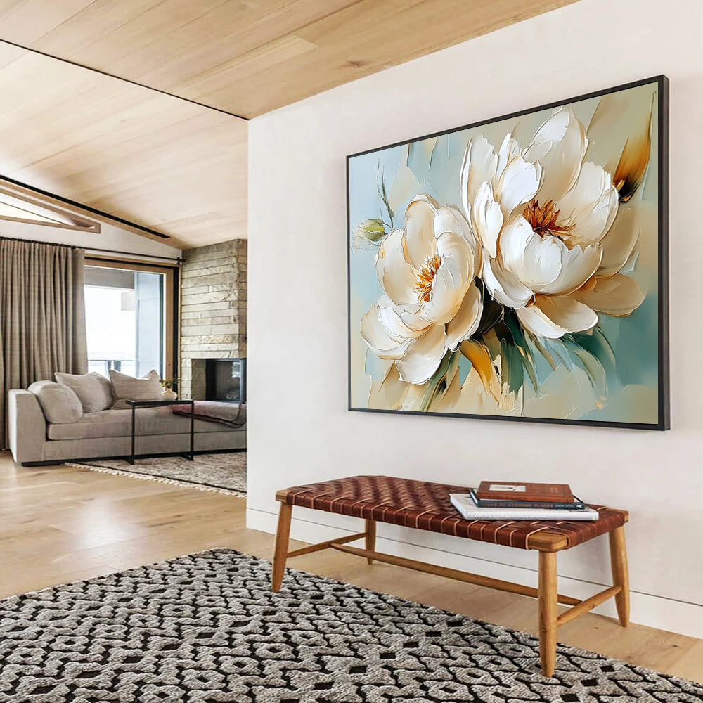 “Cream - colored Peonies on Light Blue” - Cream, Light Blue, White, Cream - colored peonies on light blue - Impasto Oil Painting HB1789