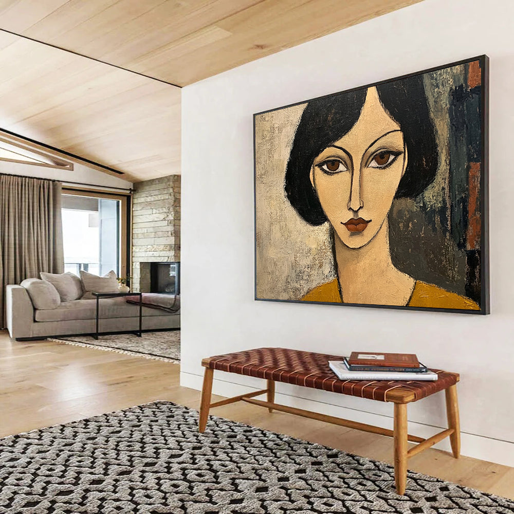 “Stylized Woman’s Portrait” - Black, Beige, Brown, Minimalist Female Face - Cubist - Inspired Acrylic Painting HB1699