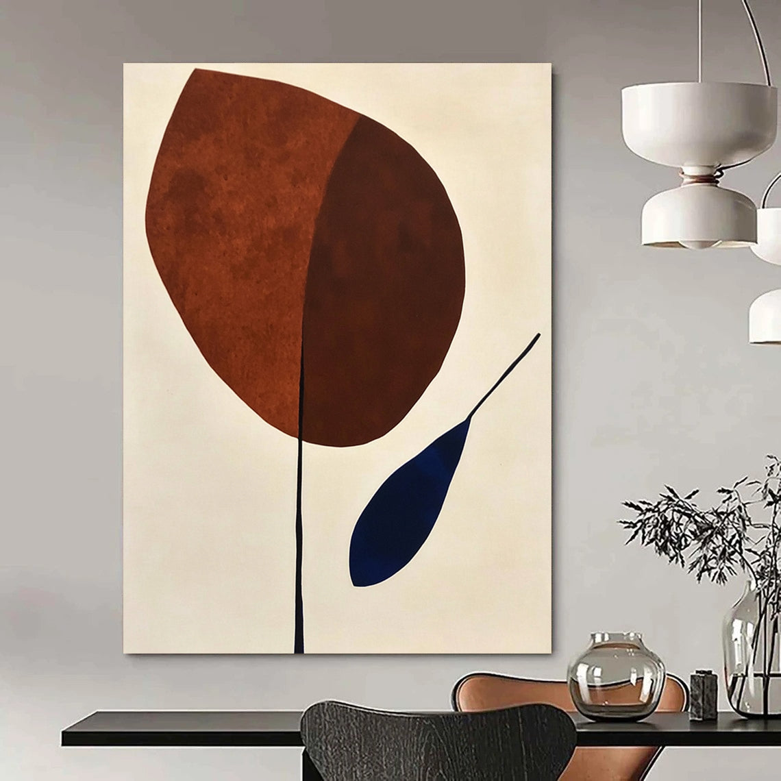 Contemporary abstract painting featuring organic shapes in brown and blue on a minimalist white background, evoking mid-century artistic style. DLZ1309