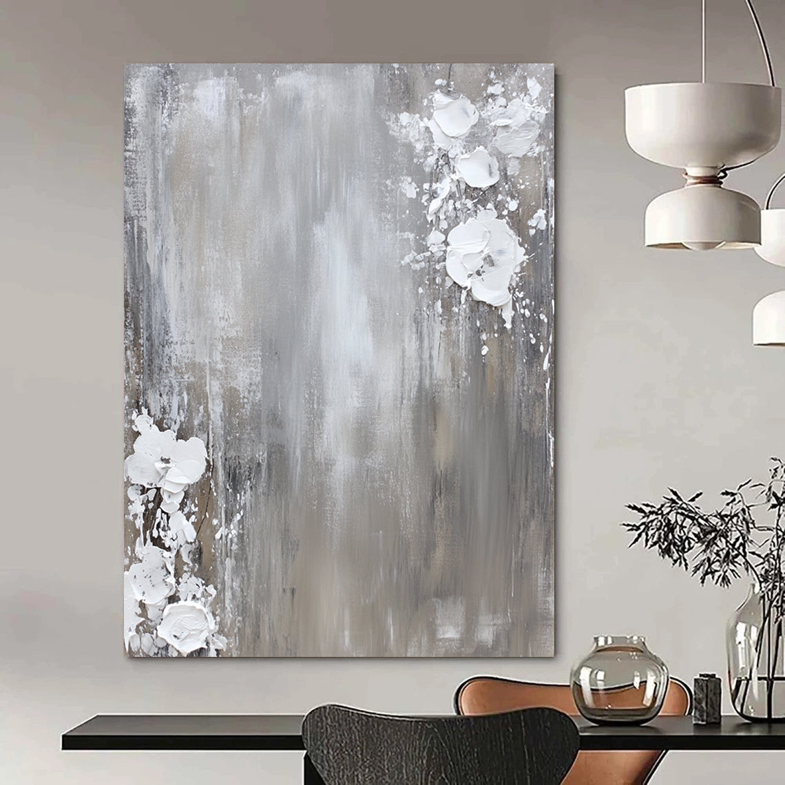 Contemporary hand-painted abstract art featuring a neutral gray and white palette with dynamic paint splashes on canvas for a minimalist aesthetic. DLZ0715