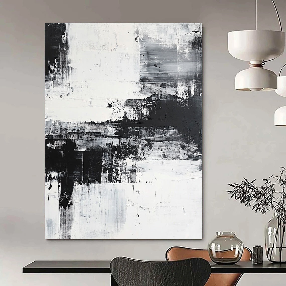 Large contemporary hand-painted abstract artwork featuring a coastal landscape with brush strokes and layers, emphasizing emotional depth in a serene monochromatic palette. DLZ0302