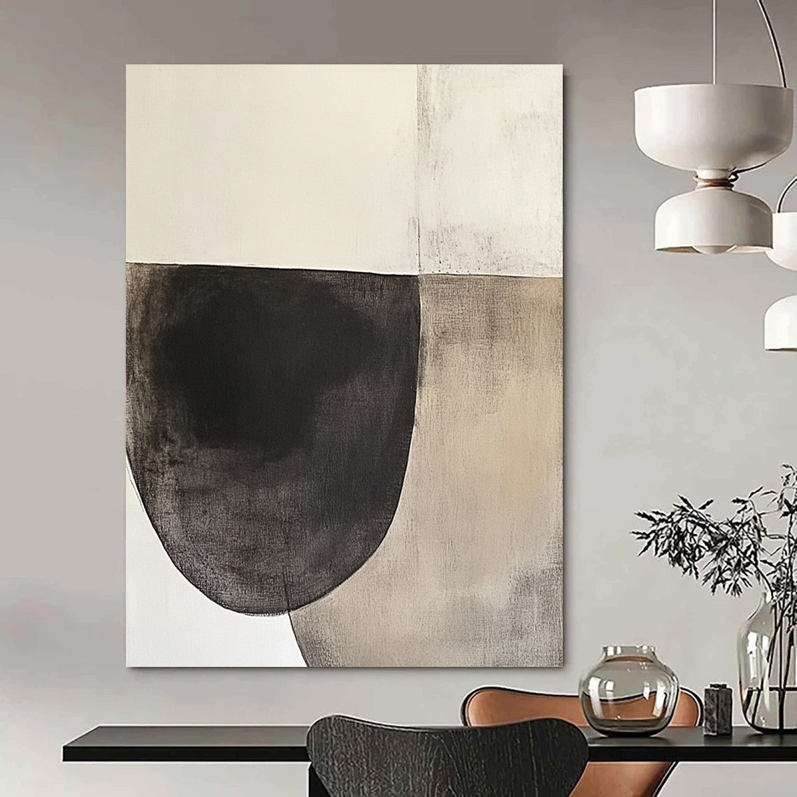 Contemporary hand-painted abstract artwork featuring an oval shape in dark charcoal and beige tones on textured white paper, inspired by minimalist design. DLZ0965