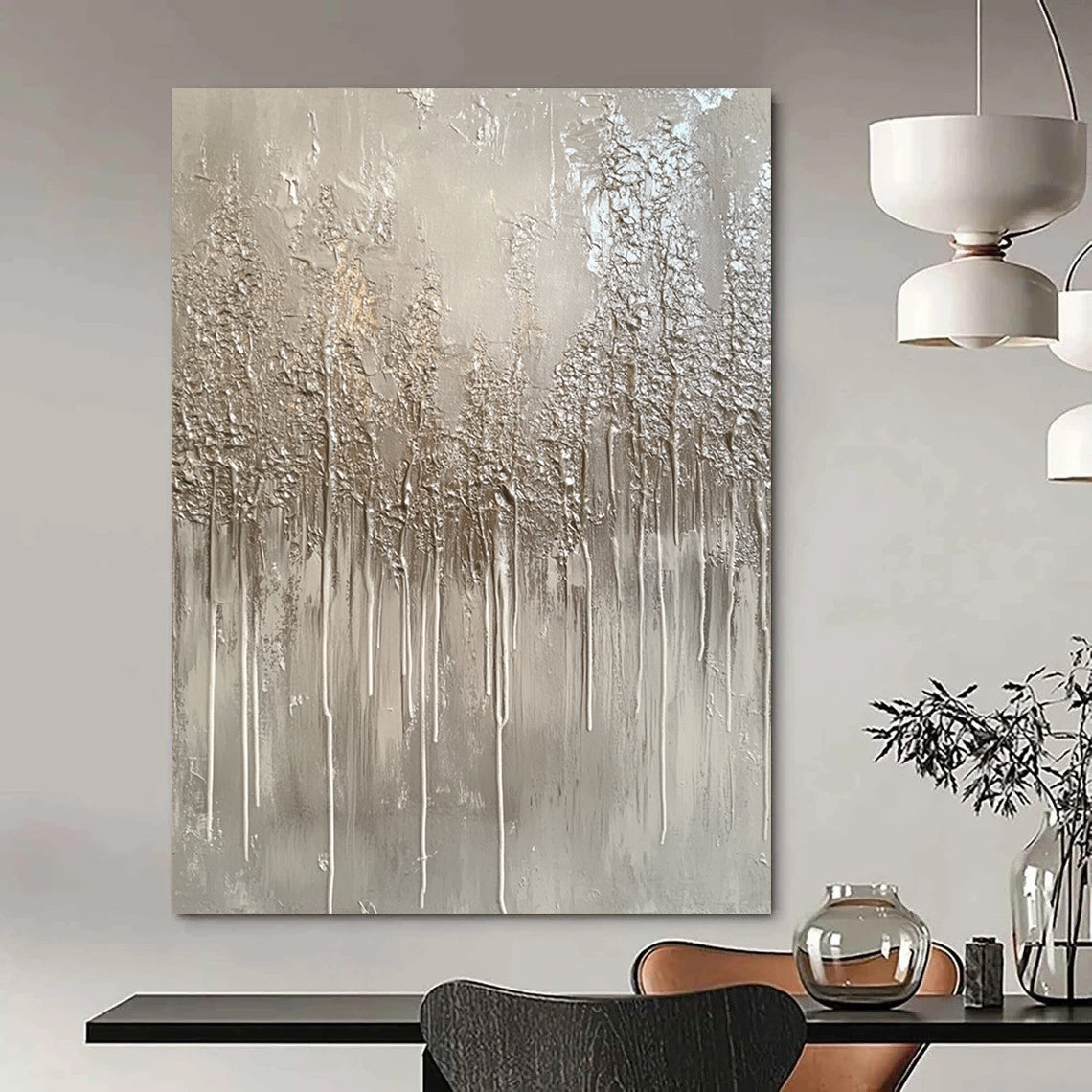 Large contemporary hand-painted abstract artwork featuring a monochromatic gray palette with drips and metallic silver accents evoking winter landscapes. DLZ1517