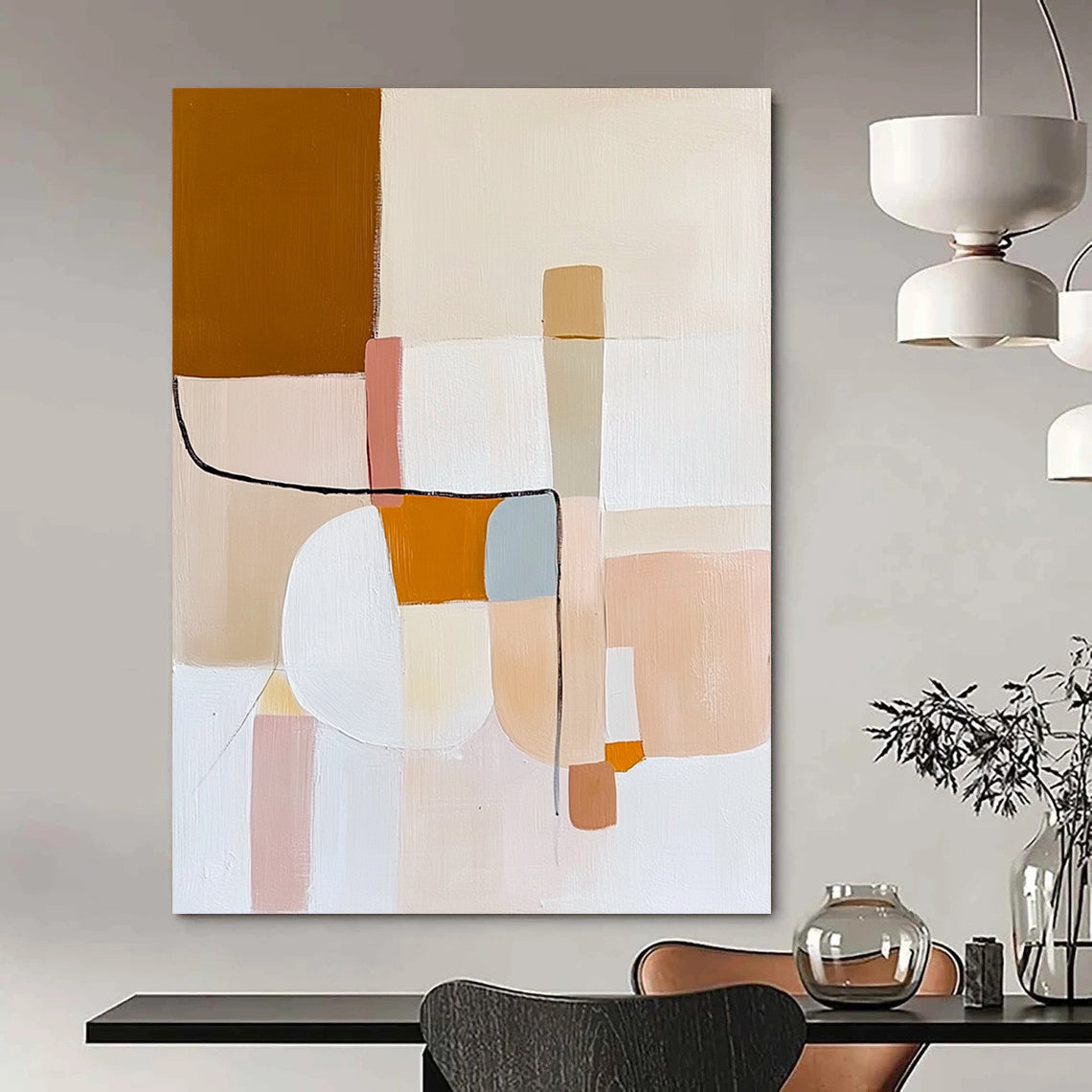 Contemporary abstract oil painting featuring minimal shapes and lines in beige, white, pastel pink, light blue, orange, and brown inspired by Matisse. DLZ0488