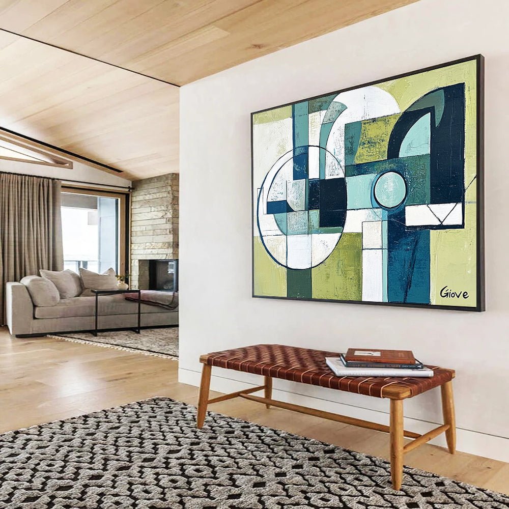 “Geometric Harmony” - Green, Blue, White, Abstract Geometric Shapes Painting On Canvas HB1063