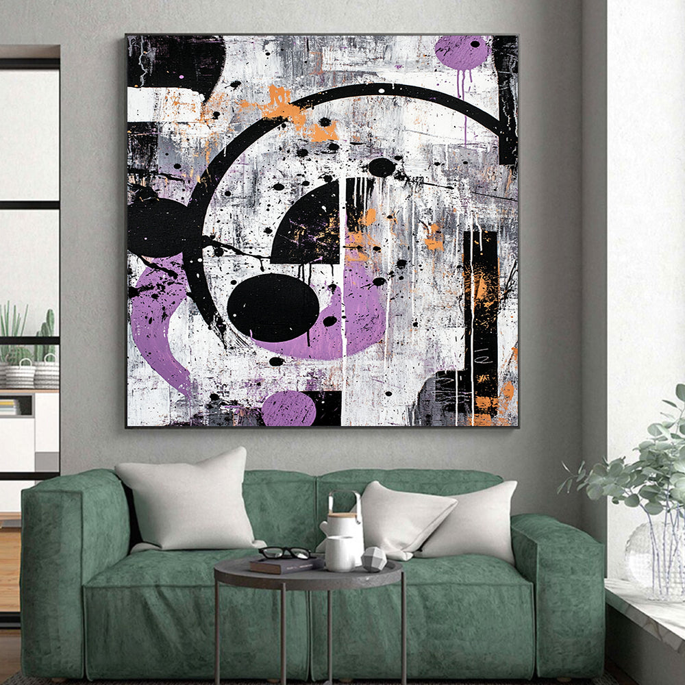 Gray, Purple, Orange, Black, Circular Chaos "Industrial Cosmos" Abstract Expressionist Painting On Canvas HB088