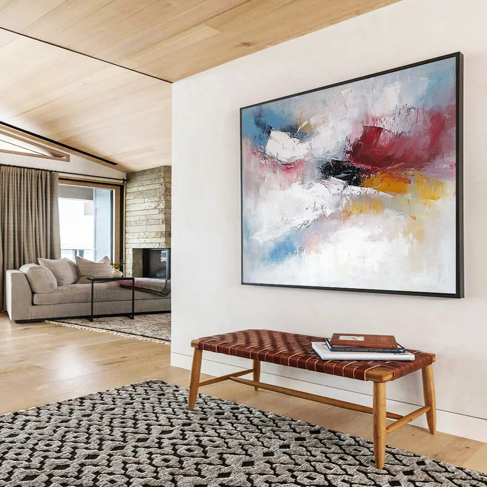 “Soft Abstraction” - Pink, white, blue, yellow; Gentle blended strokes evoke dreamy skies; Pastel Abstract Oil Painting On Canvas HB1170