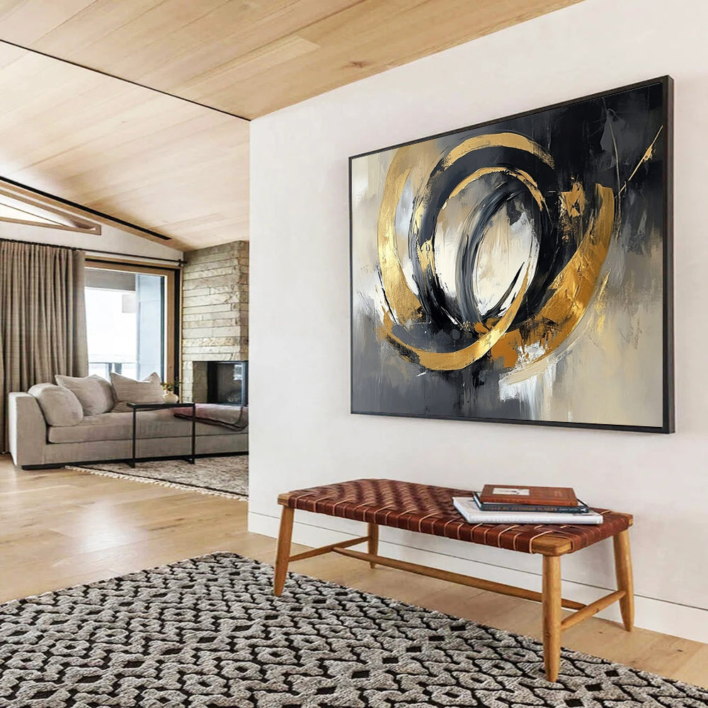 “Swirling Gold - Gray Circles” - Gold, Gray, Swirling Circles Painting On Canvas HB0793