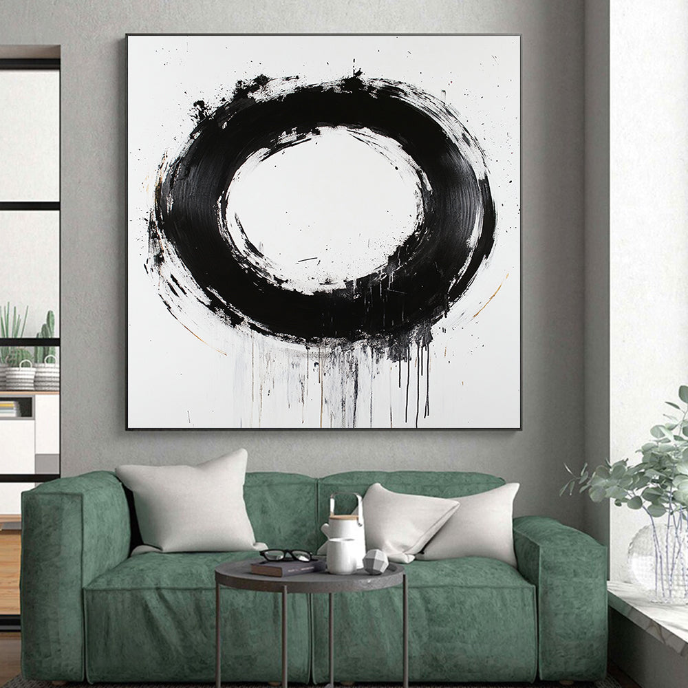 White, Black and Gold Abstract Circle "Refined Enso" Painting On Canvas HB367
