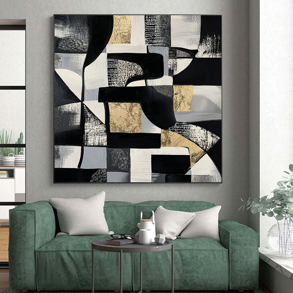 Black, White, Gray and Gold Abstract Composition "Monochrome Luxury" Painting On Canvas HB340