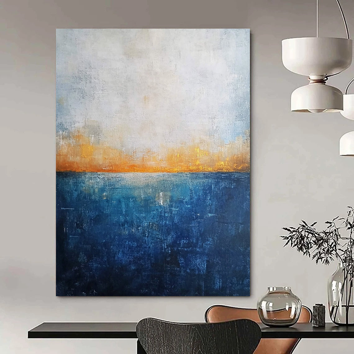 Contemporary abstract artwork featuring a deep blue ocean textured canvas with misty horizon neutral colors and elegant gold highlights. DLZ0468
