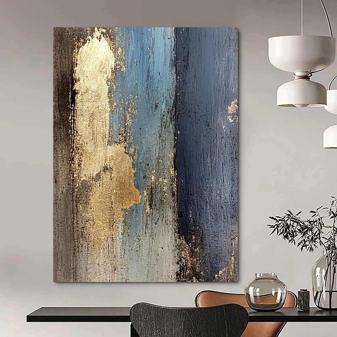 Contemporary abstract artwork featuring a textured wooden wall with peeling paint and glimpses of gold leaf, evoking a dark yet luminous atmosphere. DLZ1280