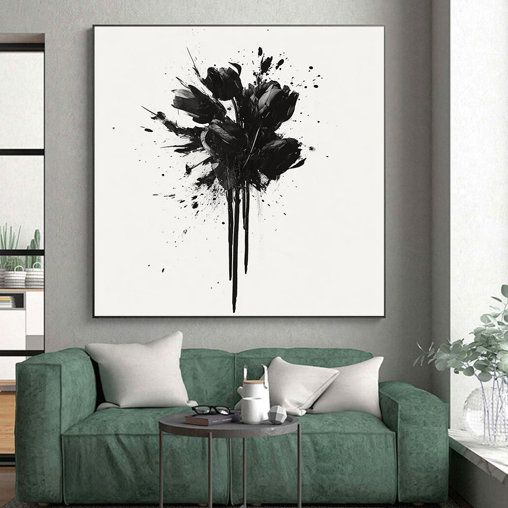 Black and White Splattered Flowers "Dramatic Blooms" Painting On Canvas HB299