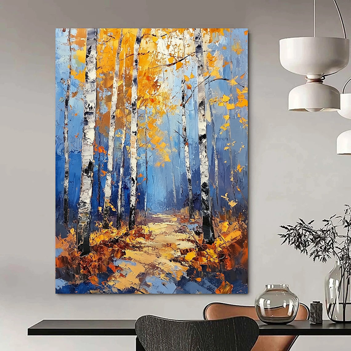 Contemporary abstract painting featuring a birch forest in autumn with vibrant blue and yellow tones and golden leaves in a modern impressionist style. DLZ1533