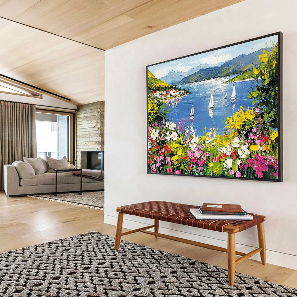 “Vibrant Lakeside Village” - Blue, Green, Yellow, Floral Landscape Painting On Canvas HB0686