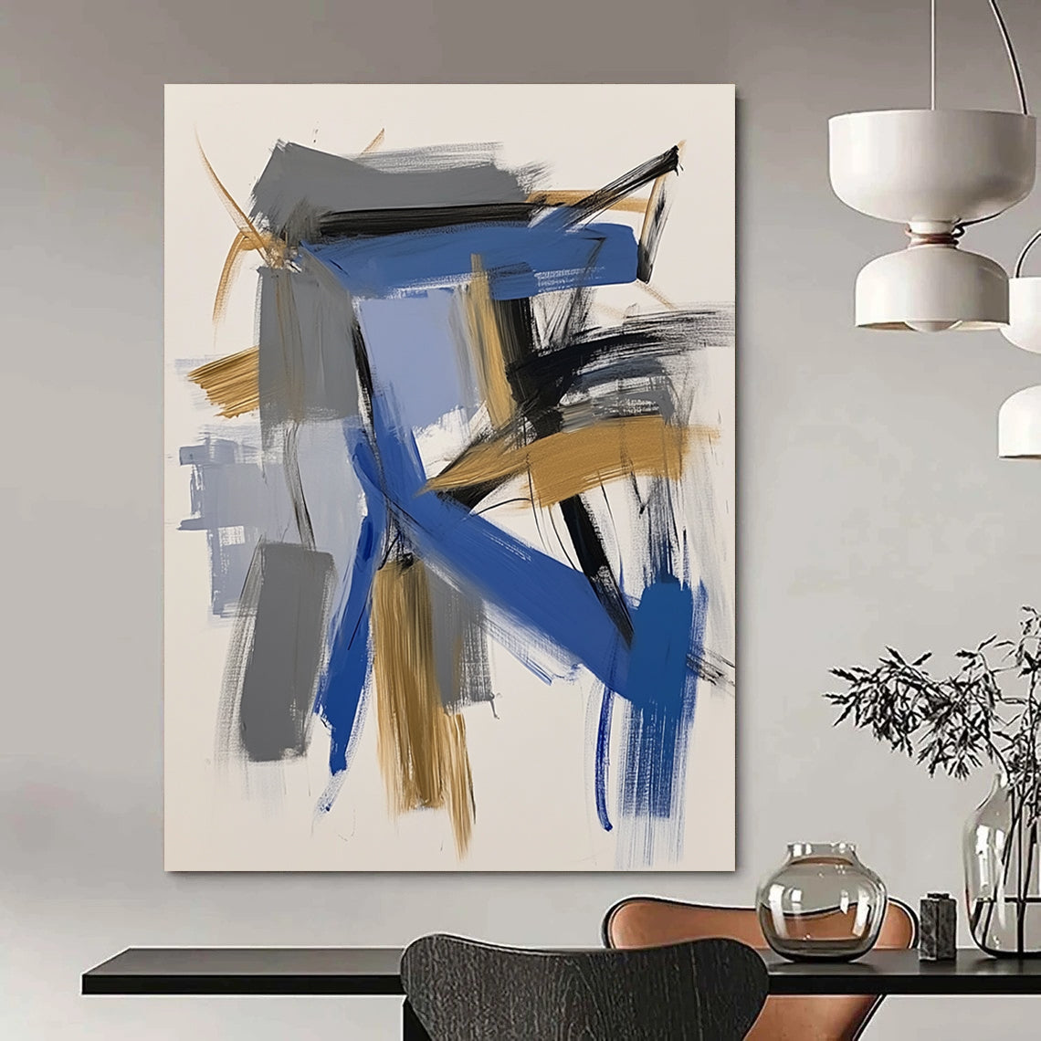 Contemporary abstract painting featuring bold blue and gold brushstrokes on white paper capturing dynamic architectural forms with expressive simplicity. DLZ0869