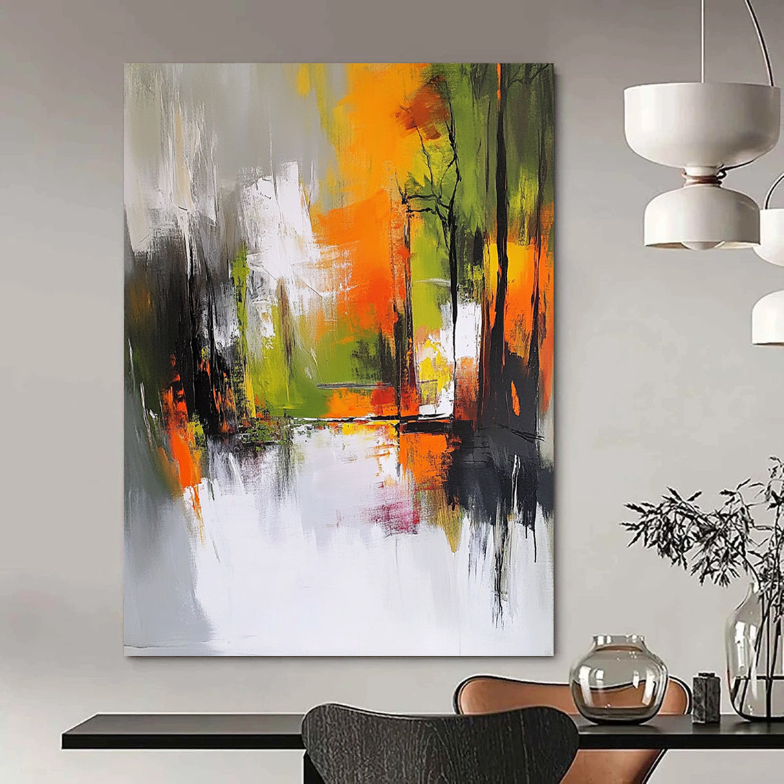 Contemporary hand-painted abstract art features an autumn forest in gray and white with vibrant orange yellow and green accents showcasing dynamic brush strokes. DLZ0947
