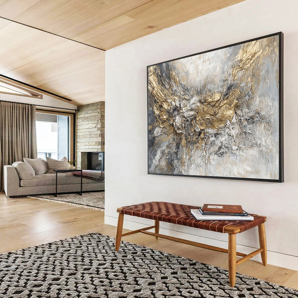 “Golden - Gray Textured Abstraction” - Gold, Gray, Textured Swirls Painting On Canvas HB0786