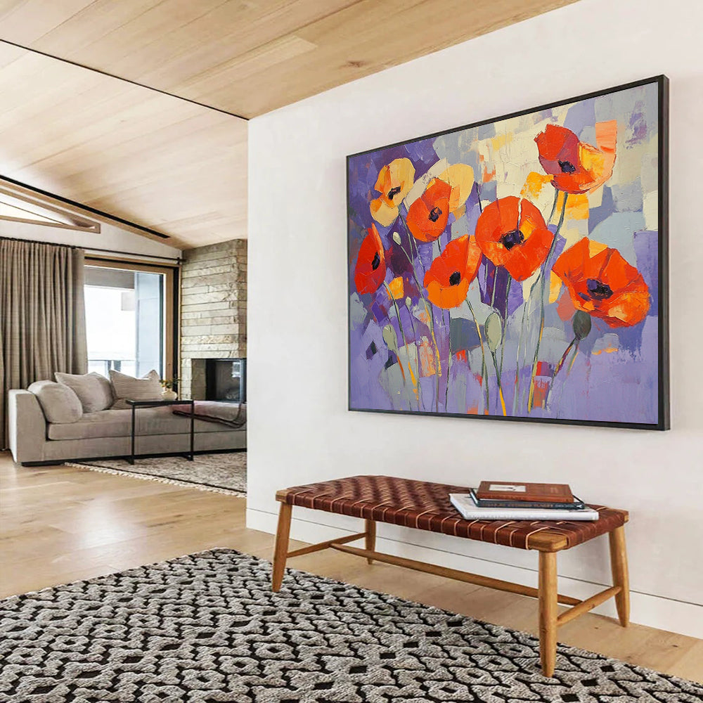 “Purple Poppy Patch” - Purple, Orange, Abstract Flowers - Cubist Oil Painting HB1488
