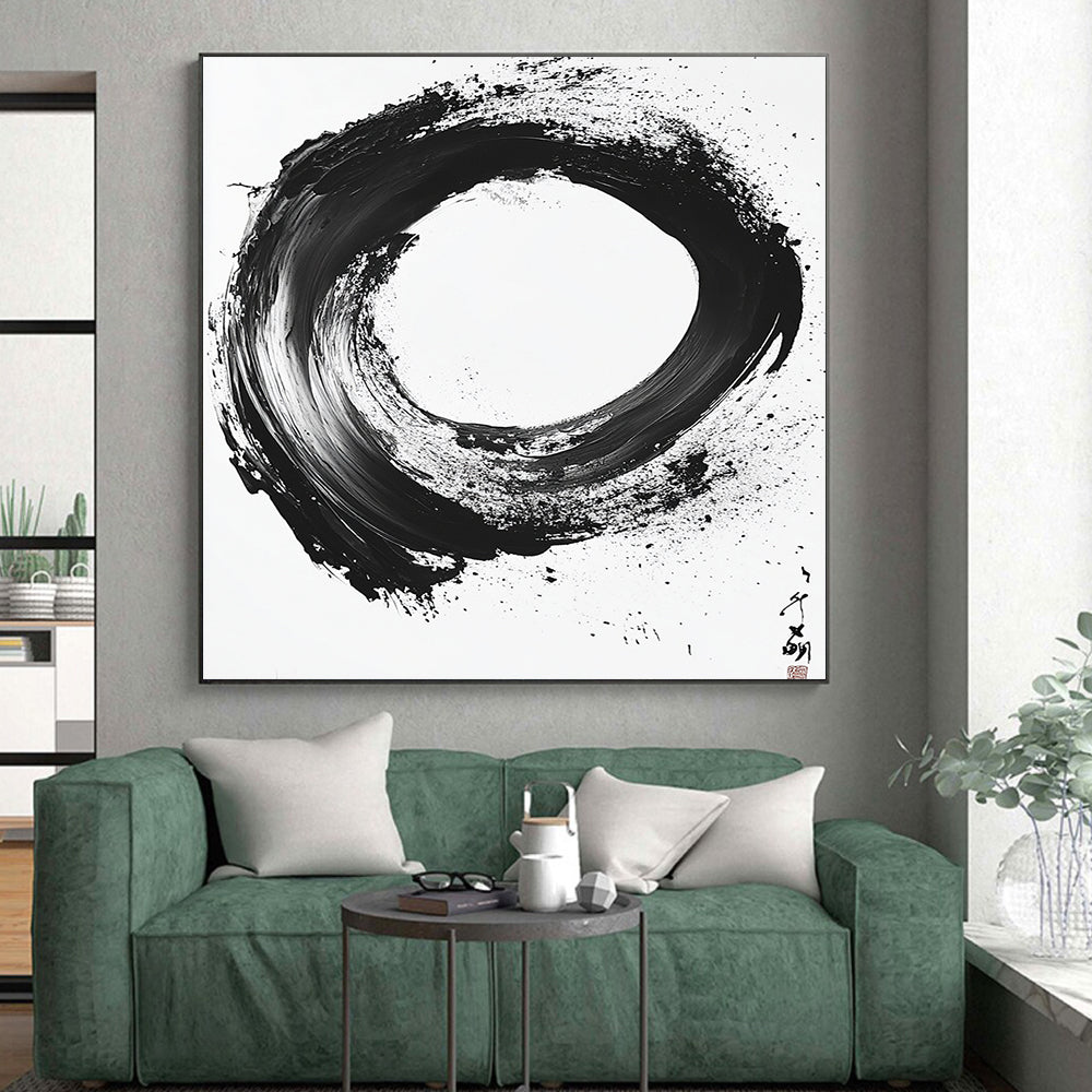 Black and White Textured Circle "Rough Zen" Painting On Canvas HB274