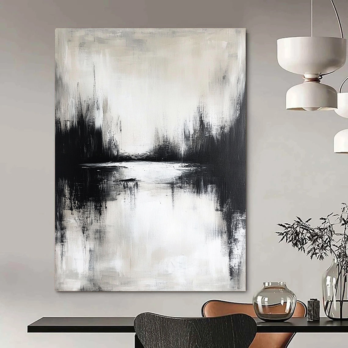Contemporary hand-painted abstract artwork featuring a moody lake reflection in neutral tones and atmospheric black and white design. DLZ0310