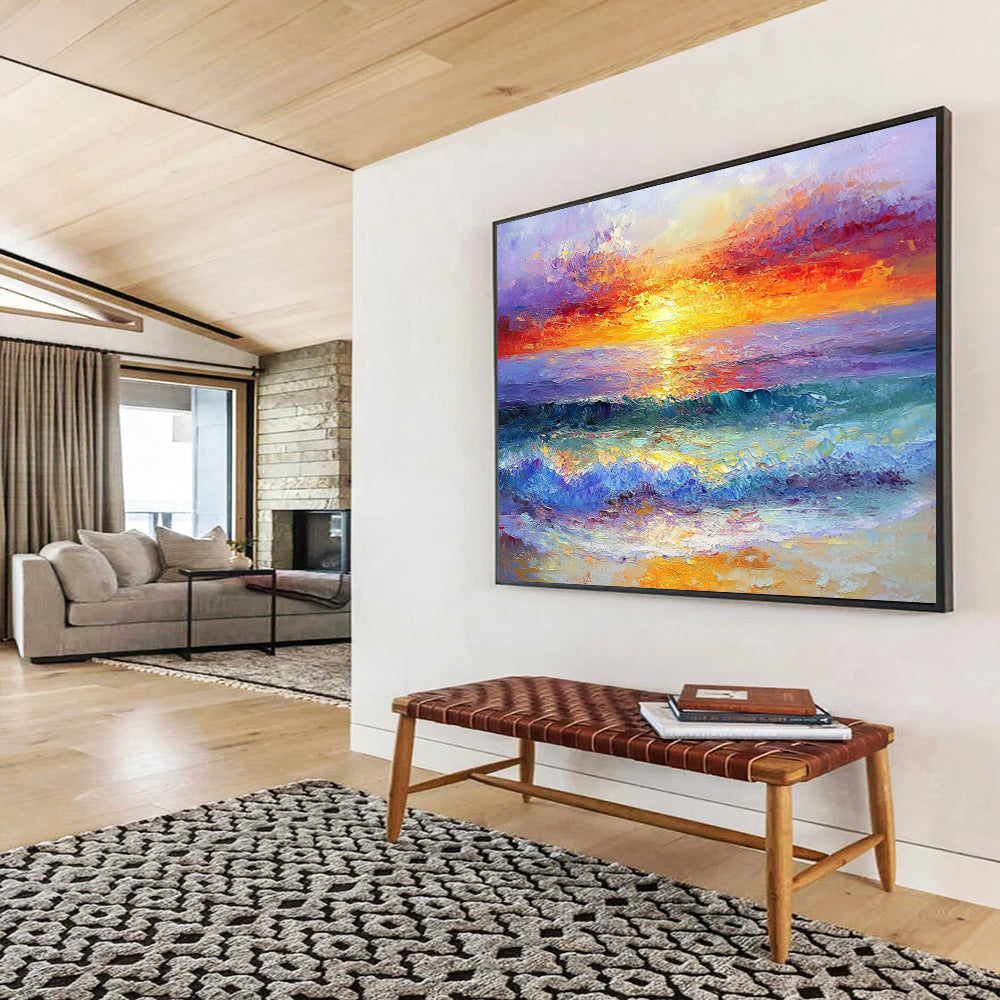 “Blazing Sunset Waves” - Fiery Oranges, Reds, Pinks, Purple, Dynamic Ocean Sunset - Impasto Oil Painting HB1749