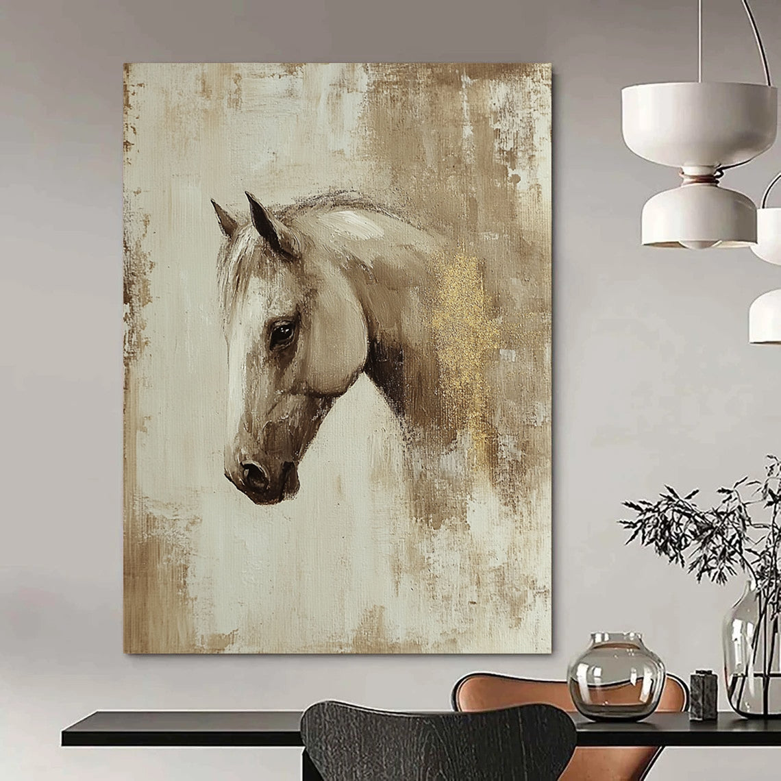 Contemporary abstract oil painting featuring a beige-toned Arabian horse profile with visible brush strokes and gold leaf detail, inspired by Richard Schmid. DLZ0895