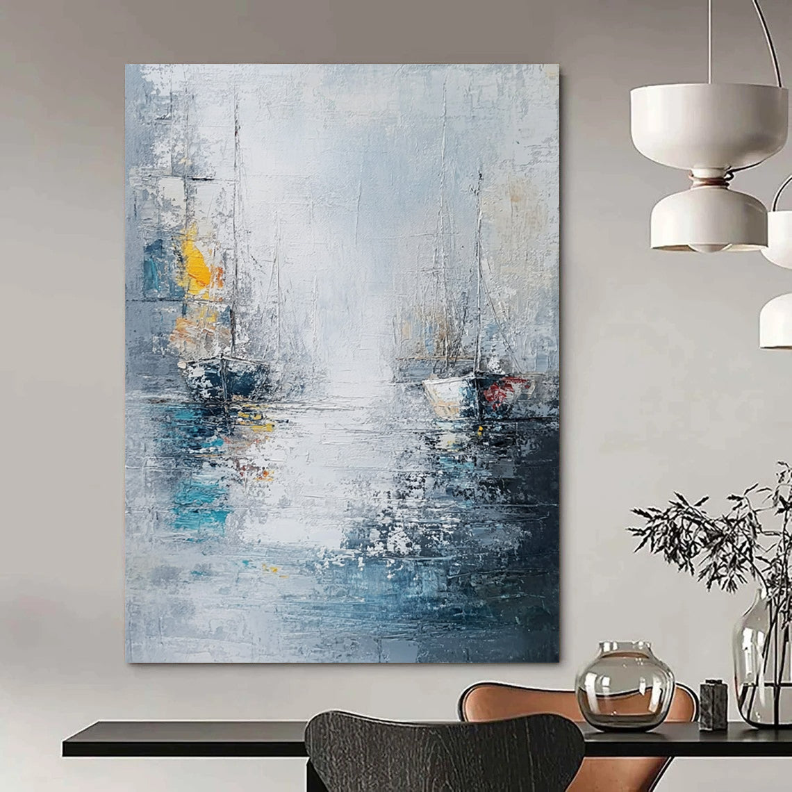 Contemporary abstract painting featuring sea and ships in a white gray blue palette with thick oil brush strokes. DLZ0636