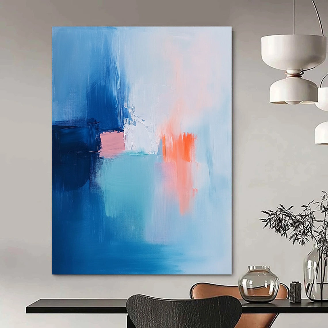 Contemporary hand-painted abstract art featuring soft brush strokes in light blue pink and white with navy blue and orange accents. DLZ1053