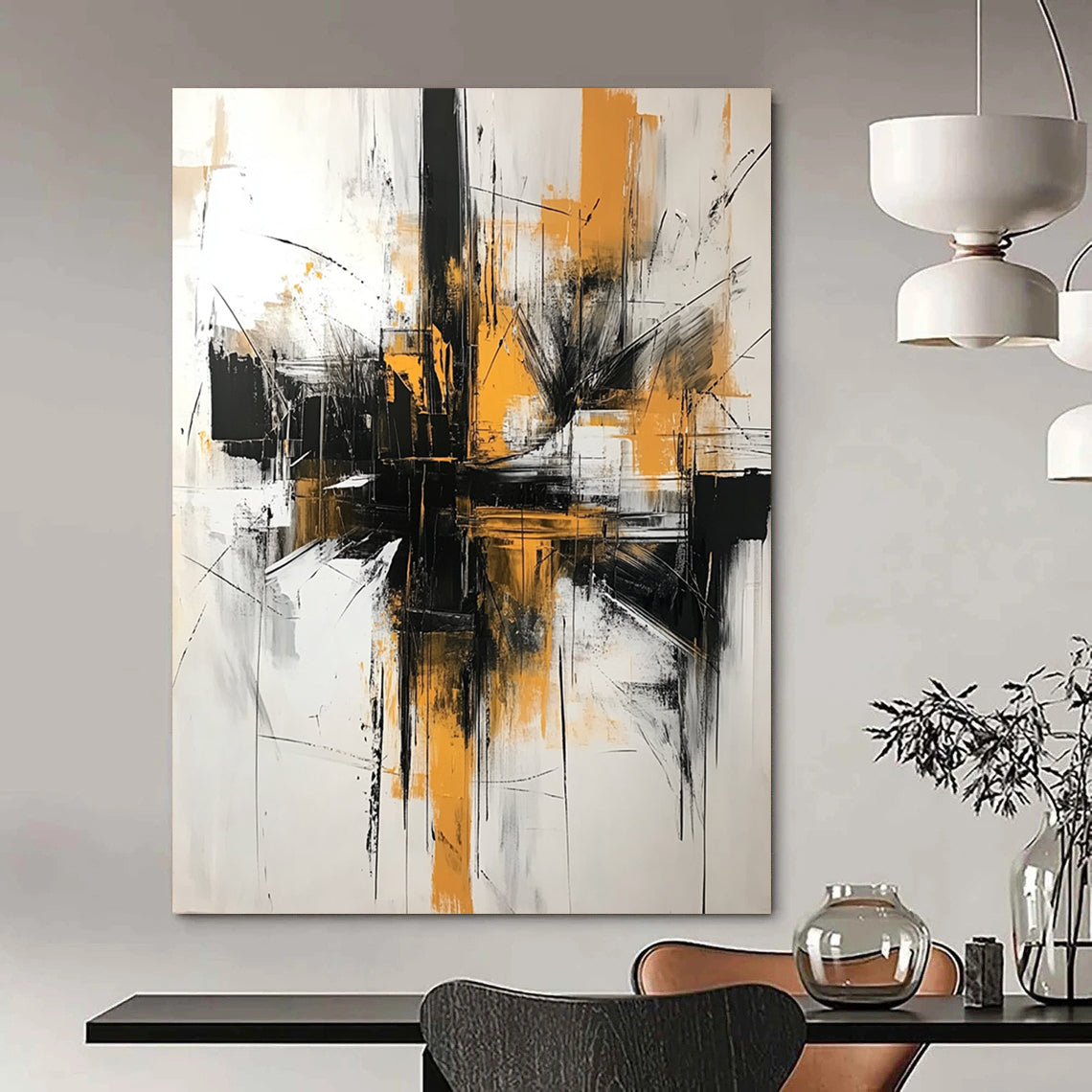 Contemporary hand-painted abstract artwork featuring black and white brushstrokes with yellow accents creating dynamic architectural shapes against an off-white background. DLZ1372