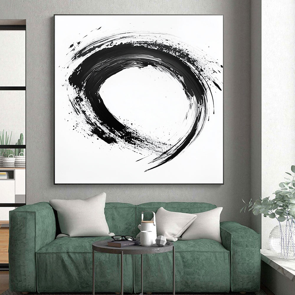 Black Textured Circular Ink - “Smooth Enso Flow” Painting On Canvas HB233